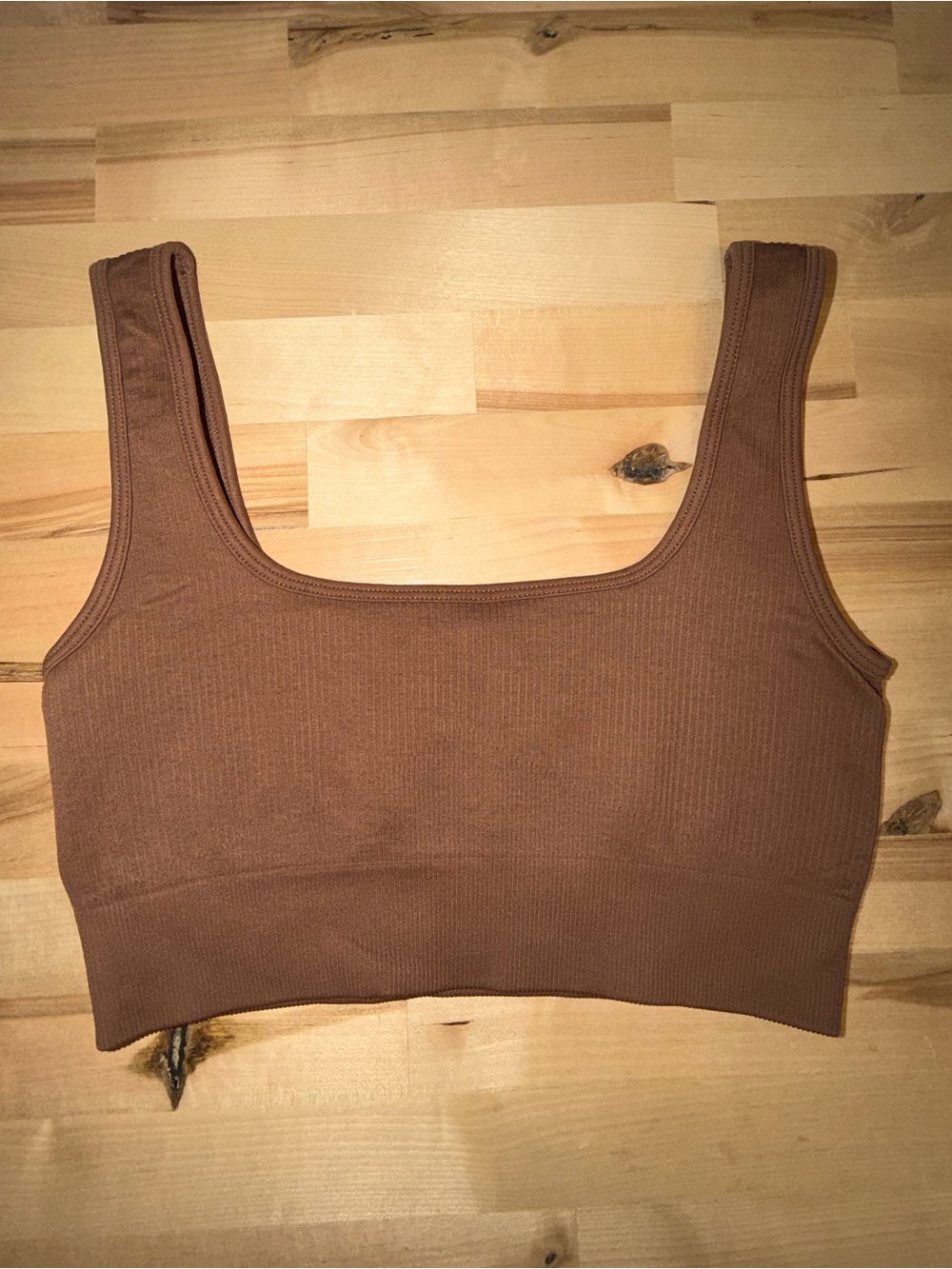 Brown Ribbed Scoop Neck Crop Sports Bra